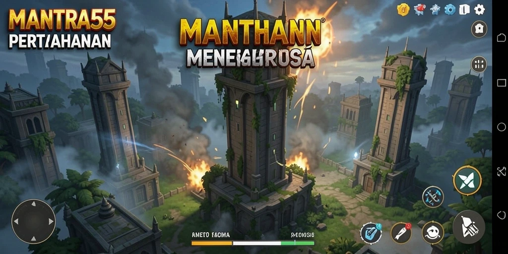 Screenshot gameplay MANTRA55 yang menunjukkan pertarungan seru Tower Defense.