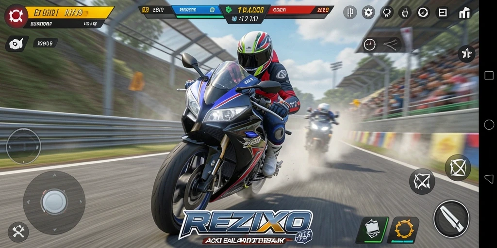 Tampilan gameplay balap motor yang mendebarkan di REZIXO.
